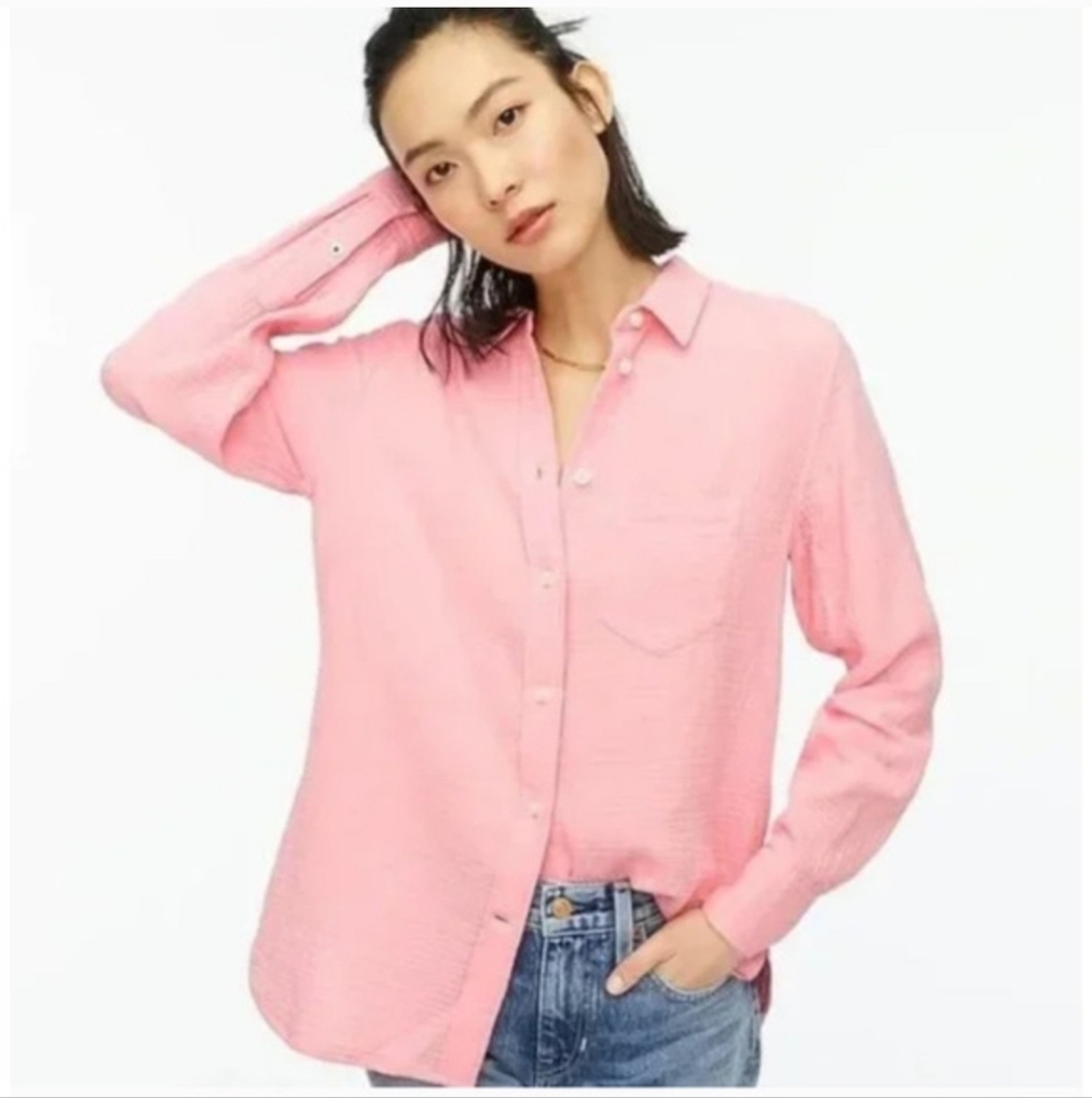 J. Crew Long Sleeve Gauze Button Up Shirt Pink Coastal Resort Casual Beach Small